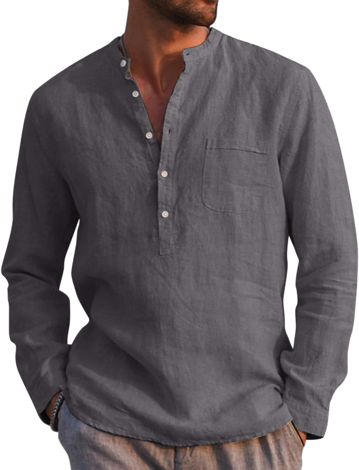 AUDATEMens Casual Cotton Shirt Autumn Winter Long Sleeve Band Collar Henley Shirt Tops
