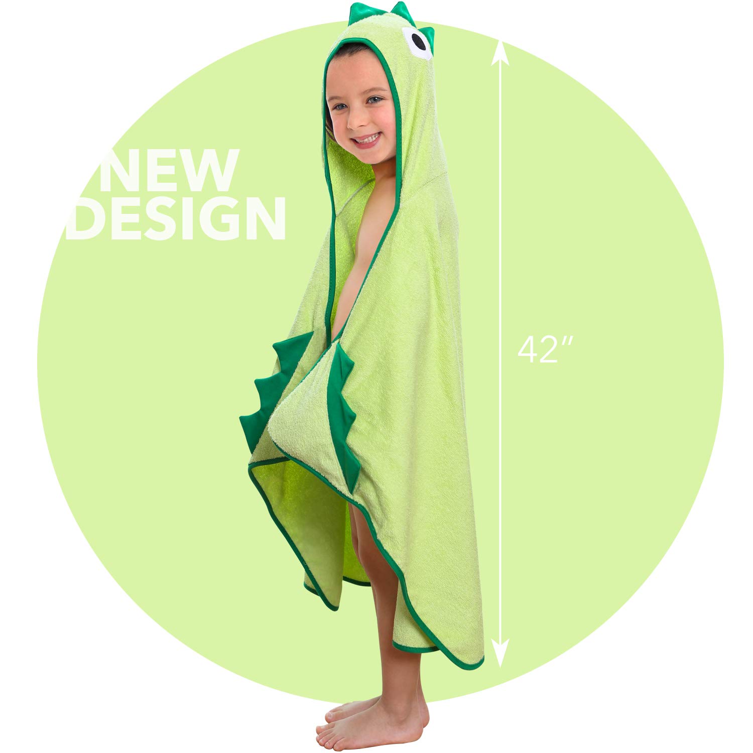Piggy Button Premium Kids Dinosaur Design Hooded Towel | 100% Cotton Heavyweight Terry Cloth | Bath, Beach Towel for Boys & Girls (Green)