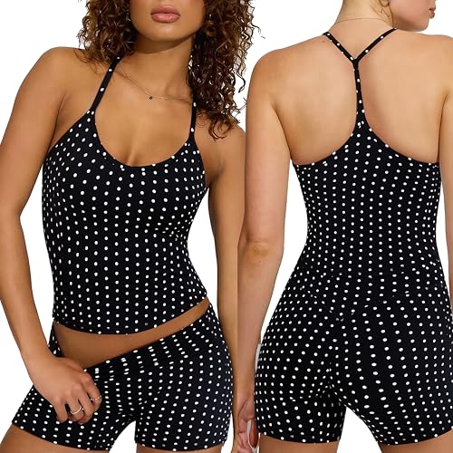 SUUKSESS Women Sexy Racerback 2 Piece Workout Sets V Neck Y Back Padded Sports Bra High Waisted Shorts with Pockets(Black Polka Dots S)