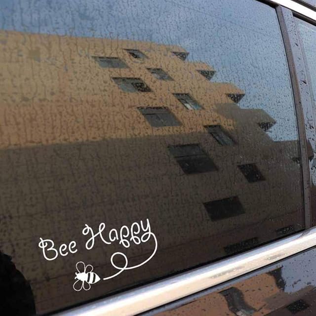 Stukk Stickers Bee Happy Bumblebee Fun Window Bumper Sticker Vinyl Decal,White, 15.4CM x 8.5CM