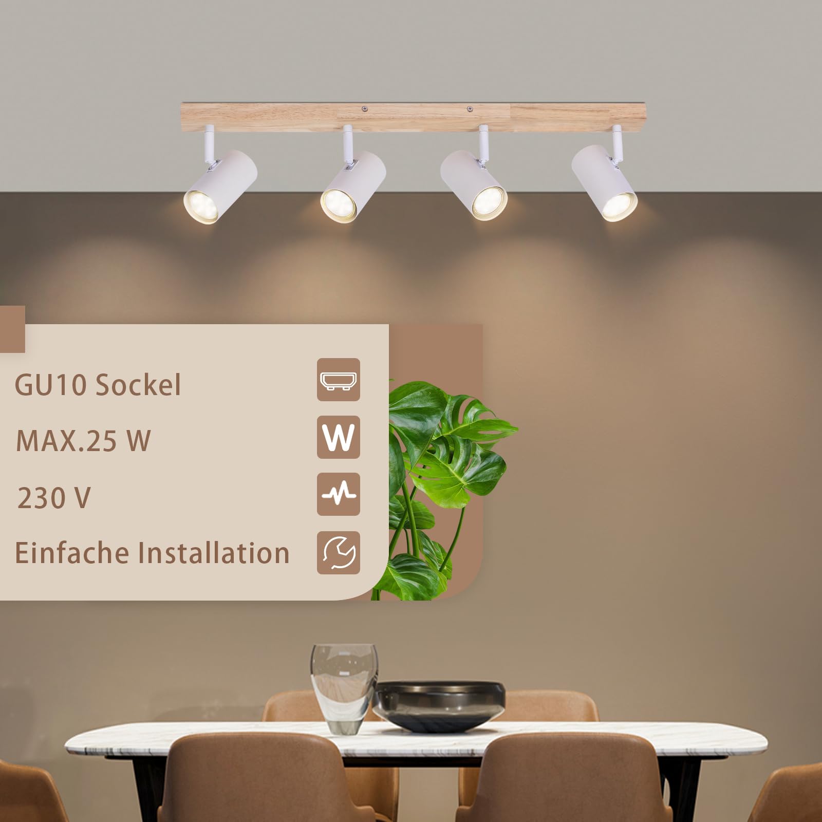 Glitzerlife Lampa Sufitowa 4 Płomień Światło Sufitowe Drewno Sufitowa | Przedpokój Biały Metal Nowoczesne Gniazdo Obrotowy Spot Sufitowy 350° Salonu Sypialnia Kuchnia z 6x 4.8 W GU10 żarówki