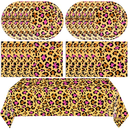 Image of 41PCS Pink Leopard Print Birthday Party Decorations Cheetah Party Decorations Tableware Dessert Plates Napkins,Cheetah Print Table Cloth for Safari Animal Leopard Theme Birthday Party Supplies