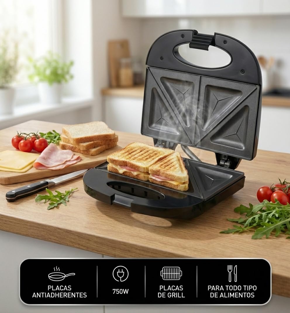 My Wave - Sandwichera - Potencia de 750W - Para Todo Tipo de Alimentos - Apertura de 90º - Parrilla Eléctrica con Placas Antiadherentes - Medidas: 22,5 x 14 cm- Negro