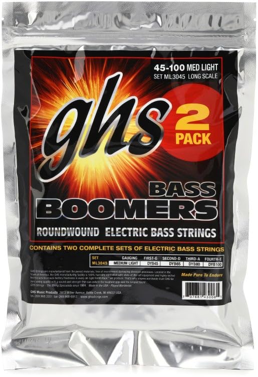 GHS ML3024-2 Bass-Boomer-Gitarrensaiten mit Rundumwicklung für E-Bass, 0,045-.100, mittelleicht, lange Mensur, 2 Stück