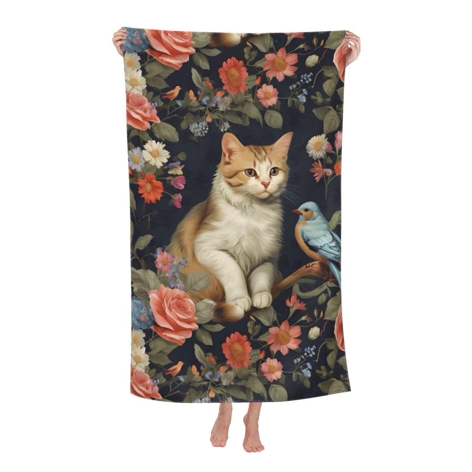 Pojknbv White Cats Birds & Flowers Print Oversized Adult Beach Towel Quick-Dry Comfortable Lightweight Travel Pool Camping