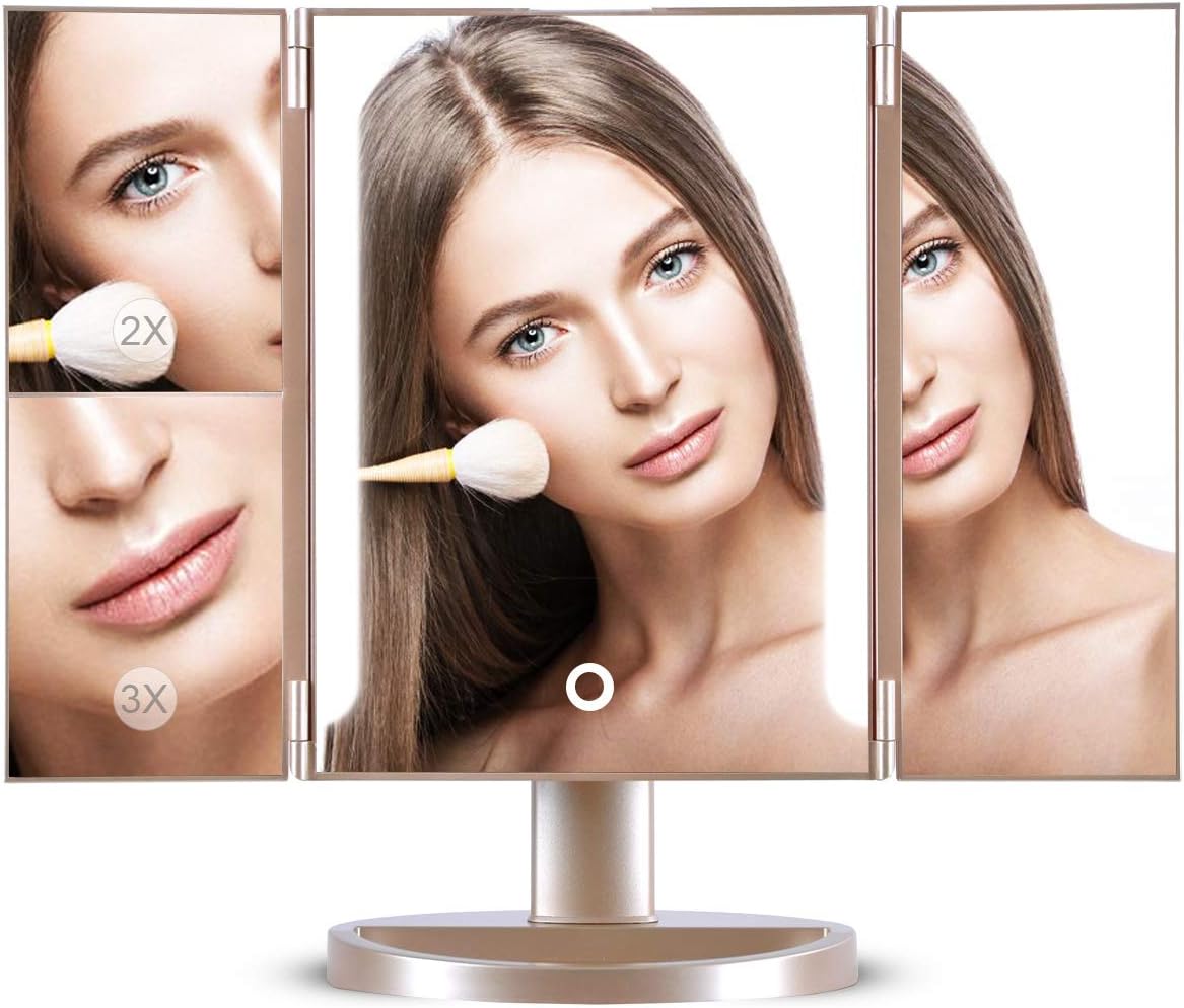 Tri-Fold Lighted Makeup Vanity Mirror with 36 LED Lights, 3X 2X 1X Magnifying Cosmetic Mirrors, 180°Rotatable Illuminated Mirrors, USB/AAA Dual Power Supply, Touch Dimmer- Champagne Gold (Valentine's Day gift)
