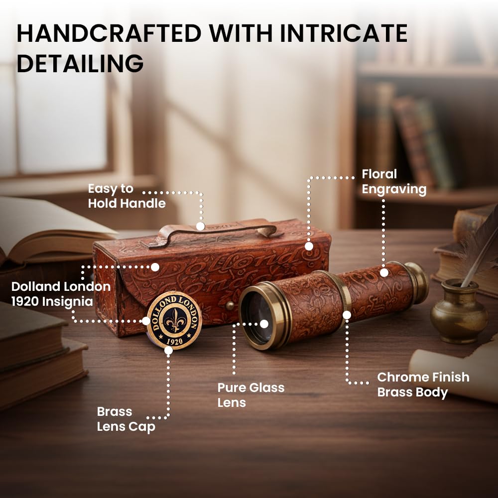 RII - Cristal espía de decoración antigua, telescopio pirata con funda de cuero, telescopio de mano para entusiastas de la aventura, decoración náutica monocular para regalos, viajeros, Dolland 8