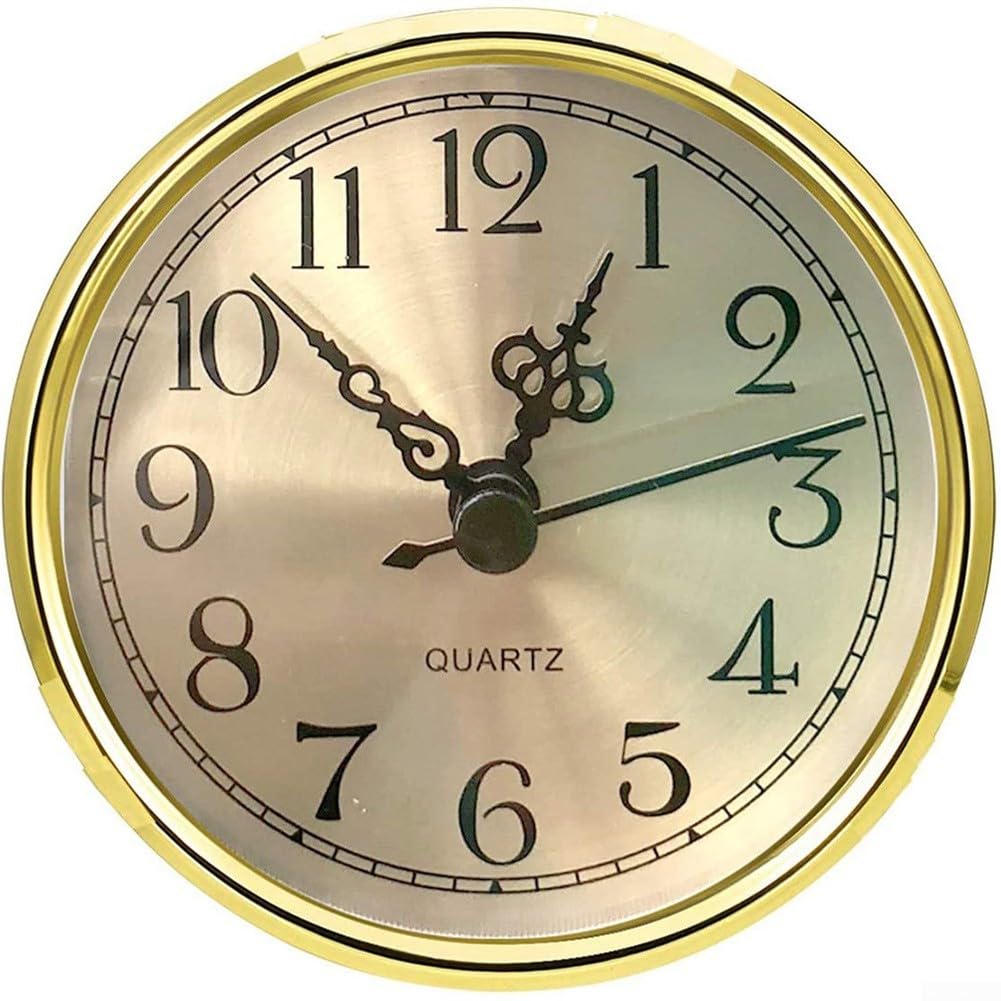 Miniuhr-Einsatz, 8,9 cm, rundes Quarzuhrwerk, Miniaturuhr, goldfarbenes Zifferblatt, goldfarbene Lünette, arabische Ziffern, passend für Loch mit 7,6 cm Durchmesser (goldfarben)