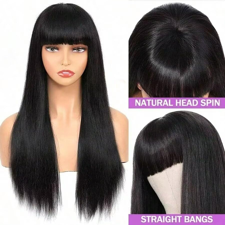 Human Hair Wigs with Bangs Straight Glueless Wig Machine Made Brazilian Virgin Wear and Go No Lace Front Hair Wigs for Black Women 16 Inch - Image 3