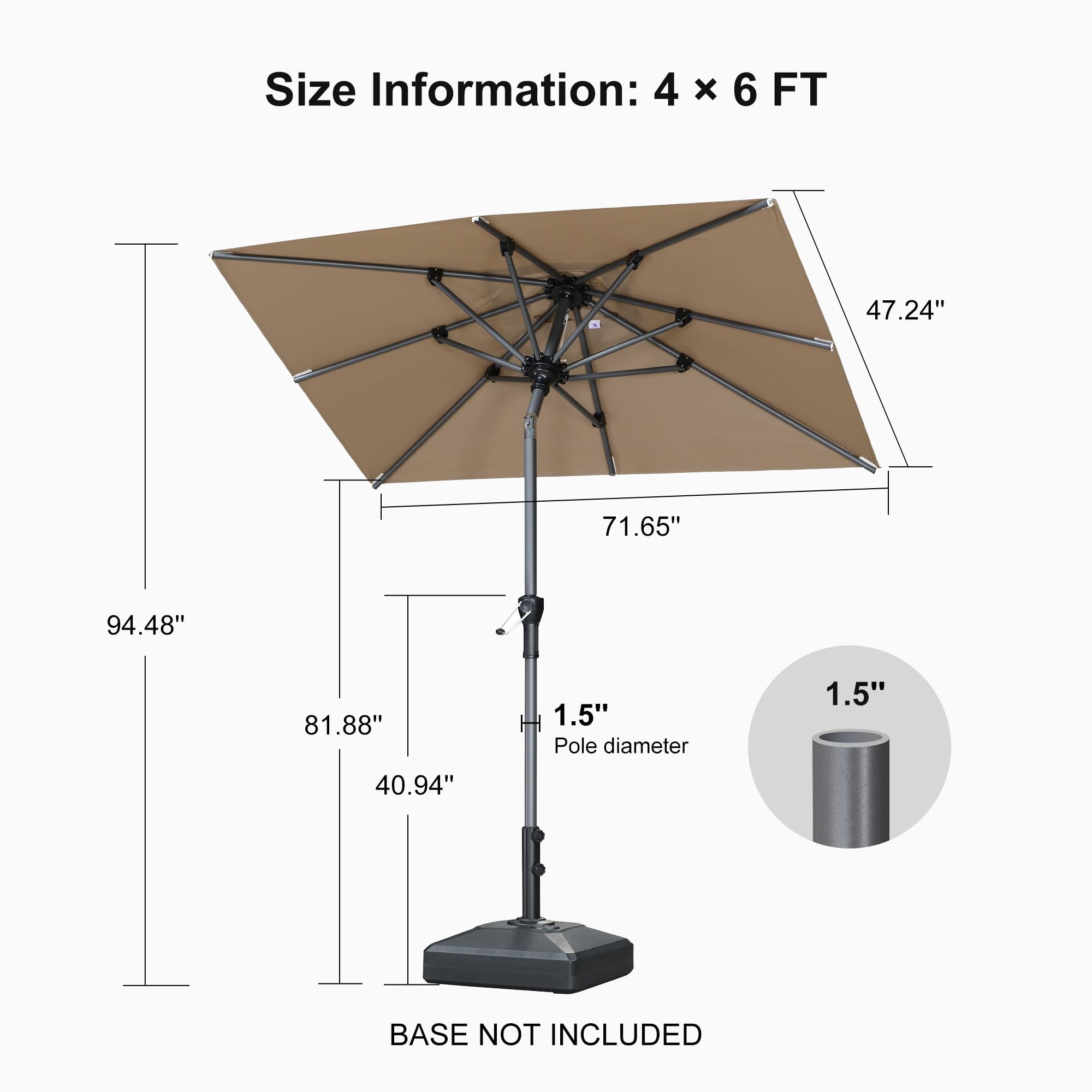 PURPLE LEAF Patio Market Umbrella 6' x 4' Rectangle Dual Tilt Taupe 8 Ribs