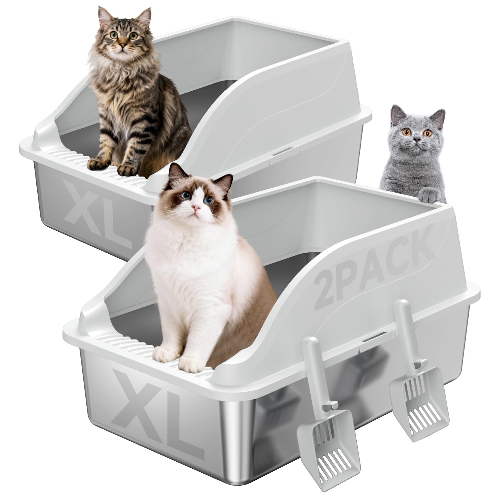 2PACK Stainless Steel Litter Box, Extra Large XL Odor Free Metal Litter Box with High Sides, Open Top Litter Pan Include Scoop Easy Cleaning Anti-Scratch Kitty Cat Box Anti-Urine Leakage, Non-Sticky