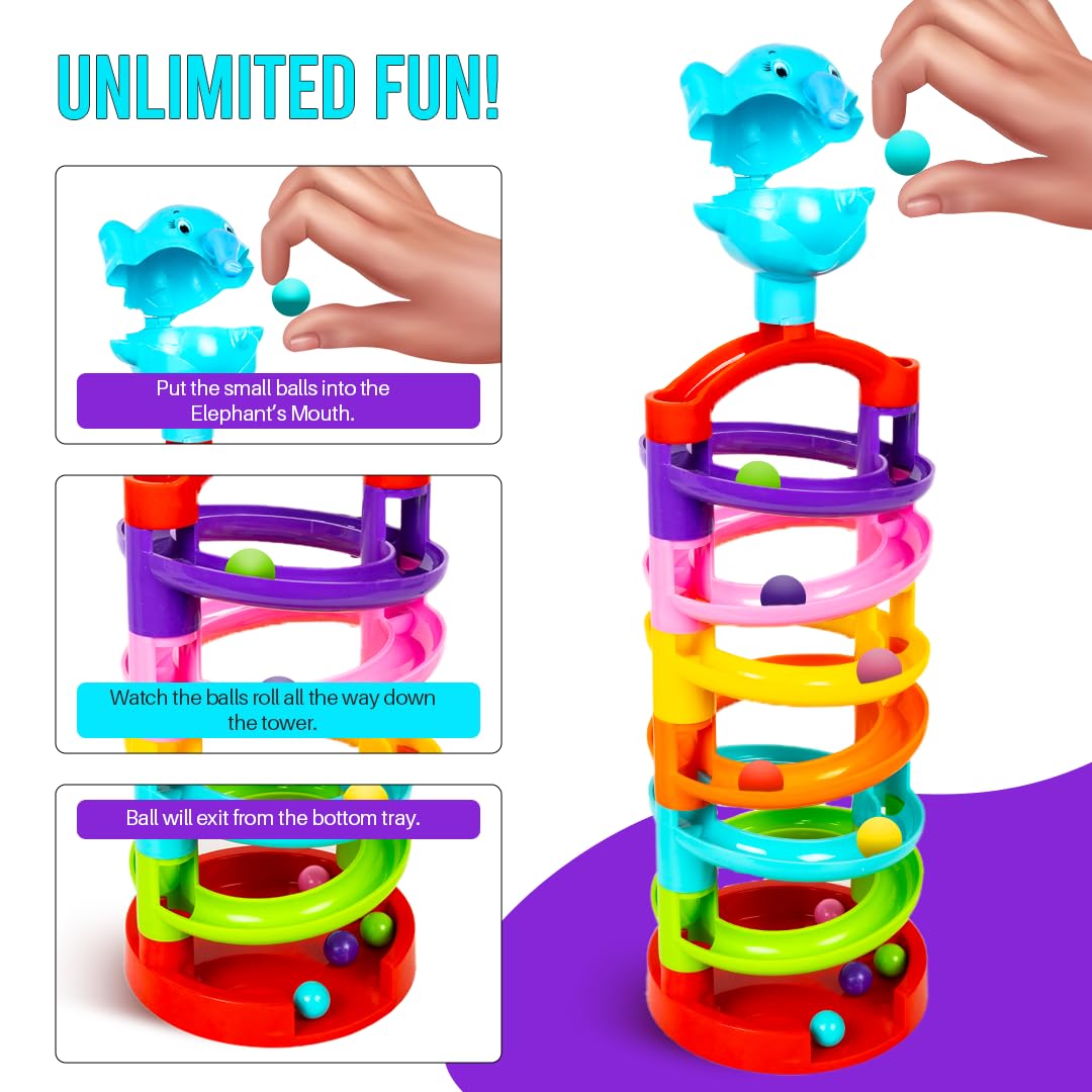 Ratna's Elephant Marble Run Rolling Stacking Toys for 6 + Month Old Baby, Multicolor