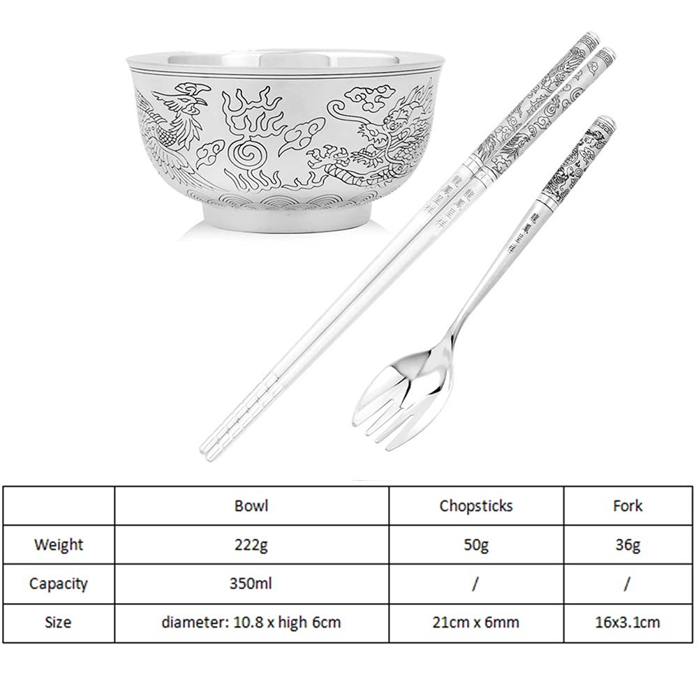 Bol à Grains en Argent Sterling, Bol à Dessert à la Salade, Bol à Riz à Nouilles, Bol à Soupe, Bol en Argent sculpté à la Main, 350 ML,Three Piece Set
