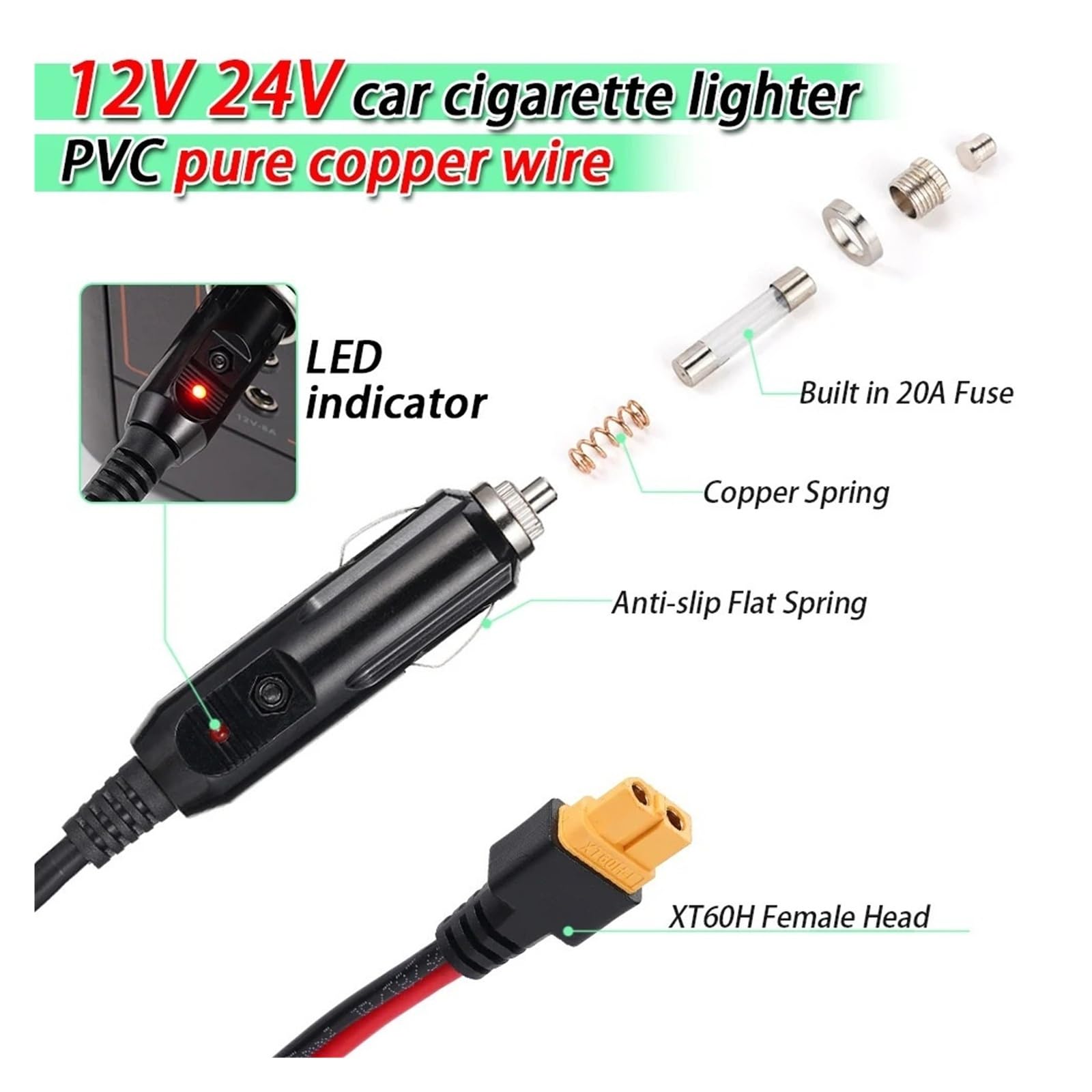 Kabel do ładowania zapalniczki samochodowej XT60 12 V 24 V do stacji zasilającej