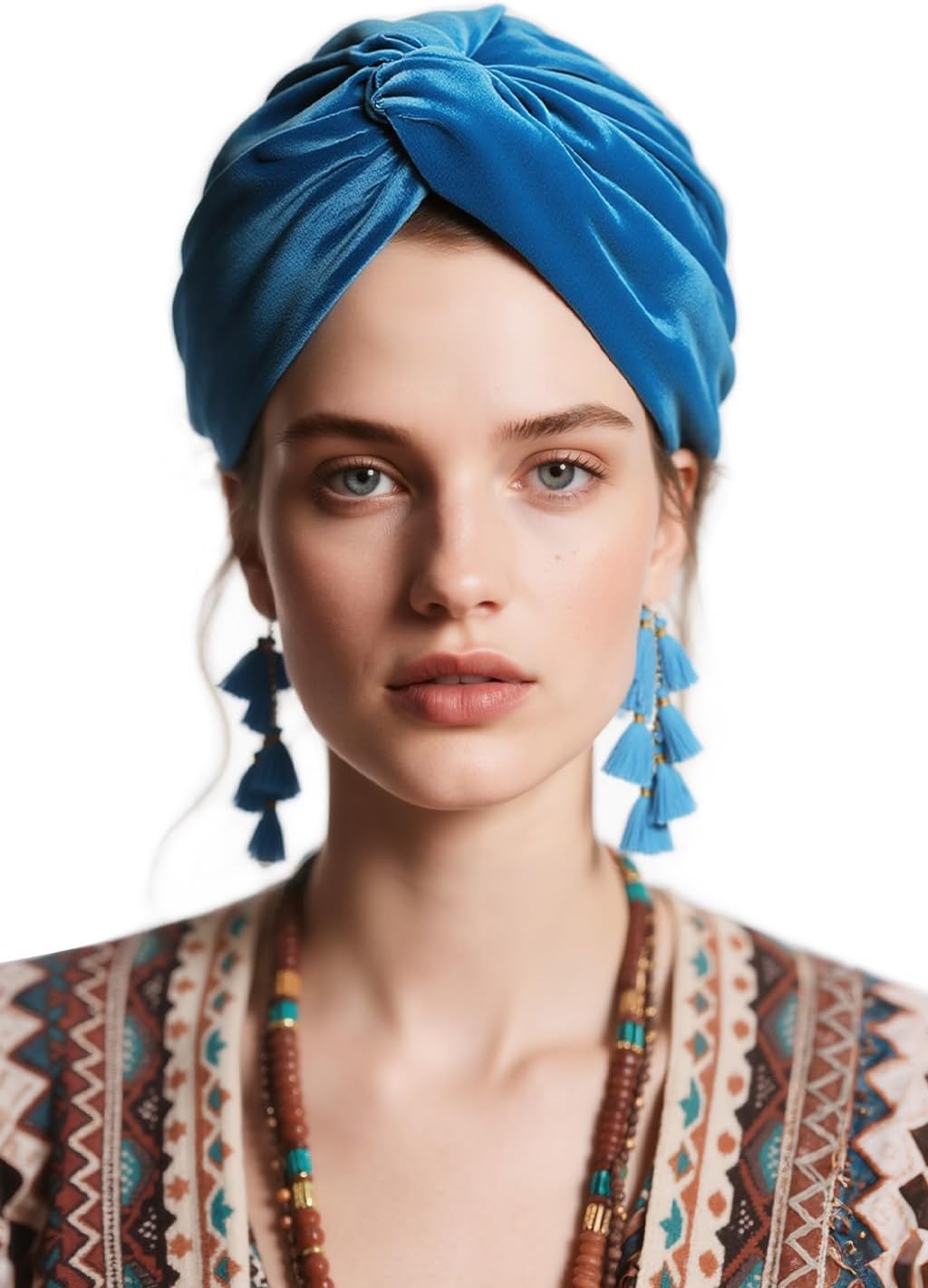 Coucoland Velvet Tassel Turban Wrap - Vintage Headwrap Hat for Women Soft Twist Knot Hair Cover with Removable Fringe