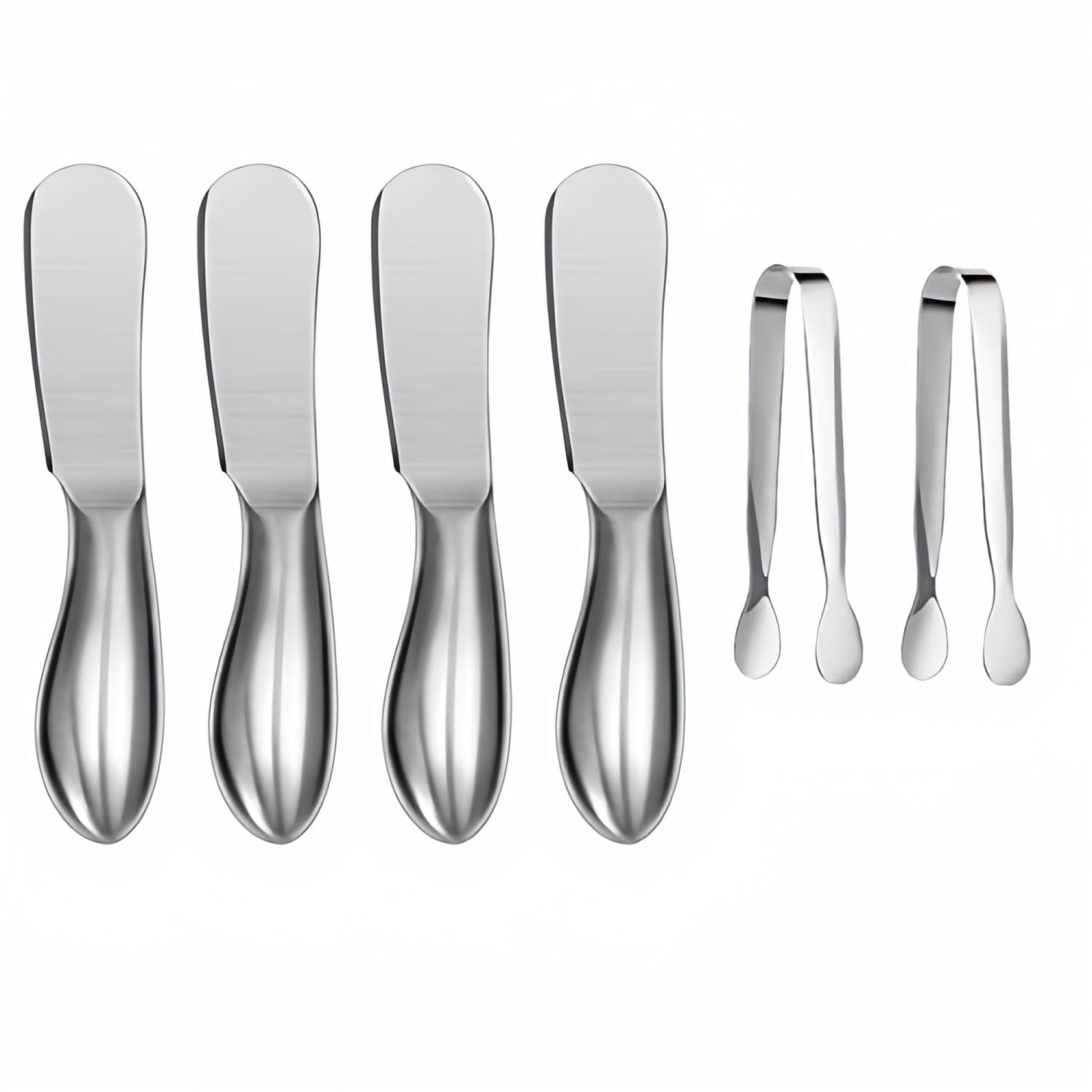 Juego de cuchillos esparcidores, 6 cuchillos esparcidores de queso y mantequilla, mini pinzas para servir, cuchillos de mantequilla multiusos de acero inoxidable (plateado)