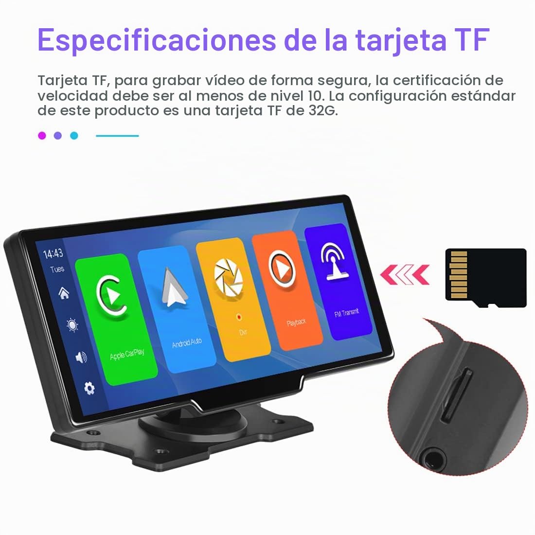 Apple CarAutoPlay inalámbrico y Android Auto Monitor de Coche con Pantalla táctil de 10" Estéreo de Coche, DVR, Autoradio en el salpicadero,Llamadas Bluetooth con cámara de visión Trasera Tarjeta 64G