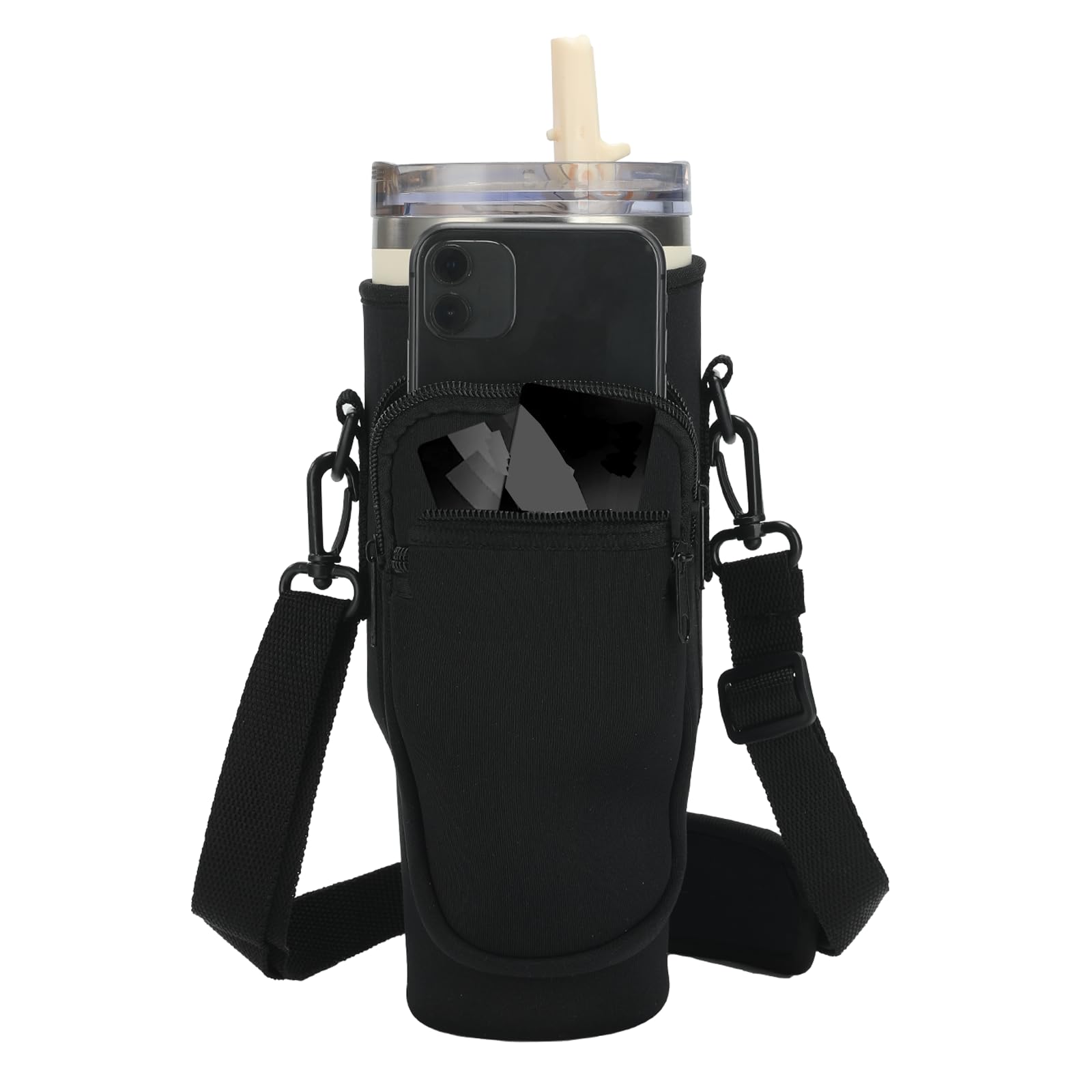 ARURA (LABEL) Water Bottle Carrier Bag with Phone Pocket for Stanley Cup 40/30 oz, Water Bottle Holder with Adjustable Strap & Straw Cover, Stanley Cup Accessories (Black)-image-9