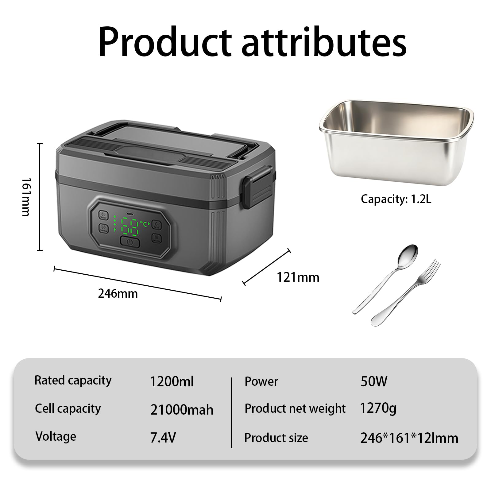 Elektrische Lunchbox mit Akku, 1,2L Warmhaltebox mit 21.000 mAh Akku, 304 Edelstahl-Innenbehälter, 18W Schnellladung, Gabel & Löffel, Ideal für Camping & Outdoor