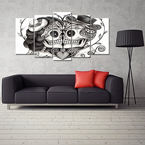Ihappywall Vintage Skull Canvas Print Art Skull Head Couple Love With Flower In Eyes Human Skeleton Man And Woman Tattoo Idea The Pictures Print On Canvas For Home Decor #TOP4