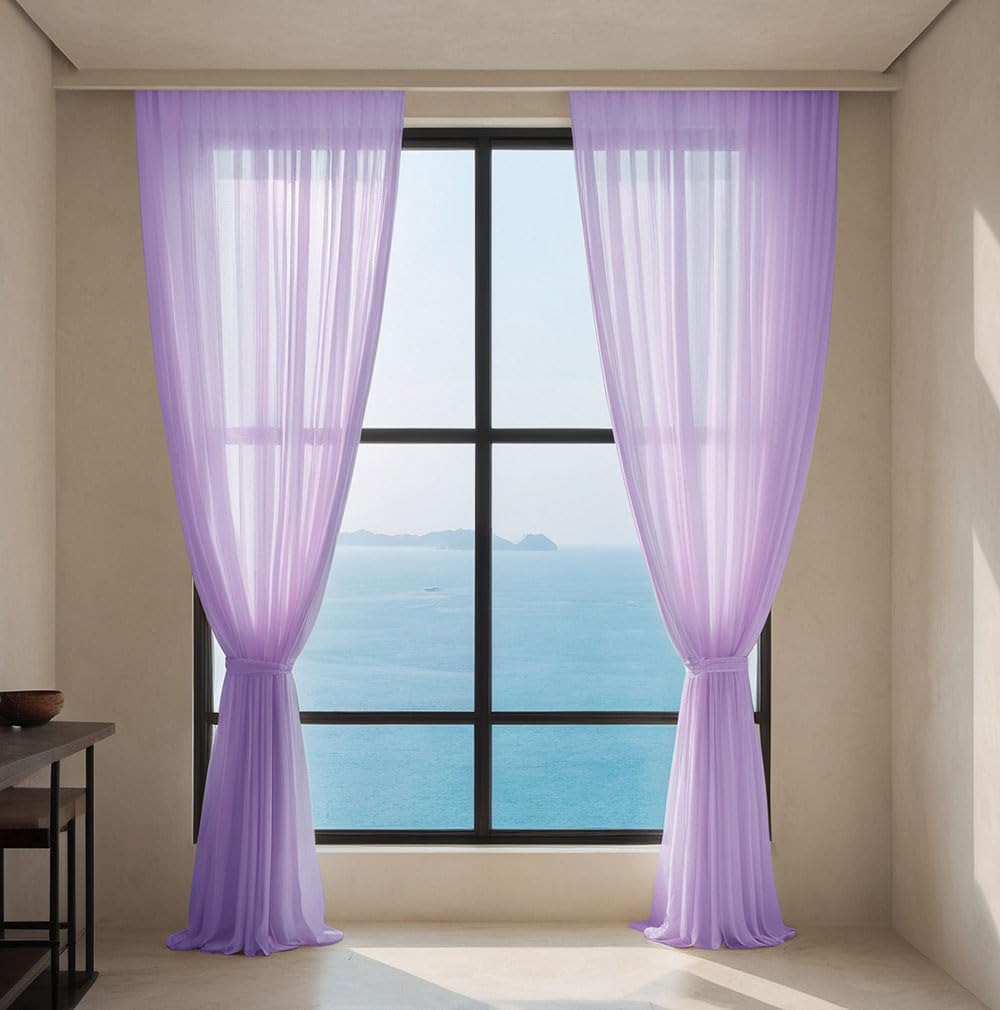 Lukery Juego de cortinas transparentes largas, semitransparentes para salón, cocina y casa de campo (140 x 215 cm, lavanda morada)