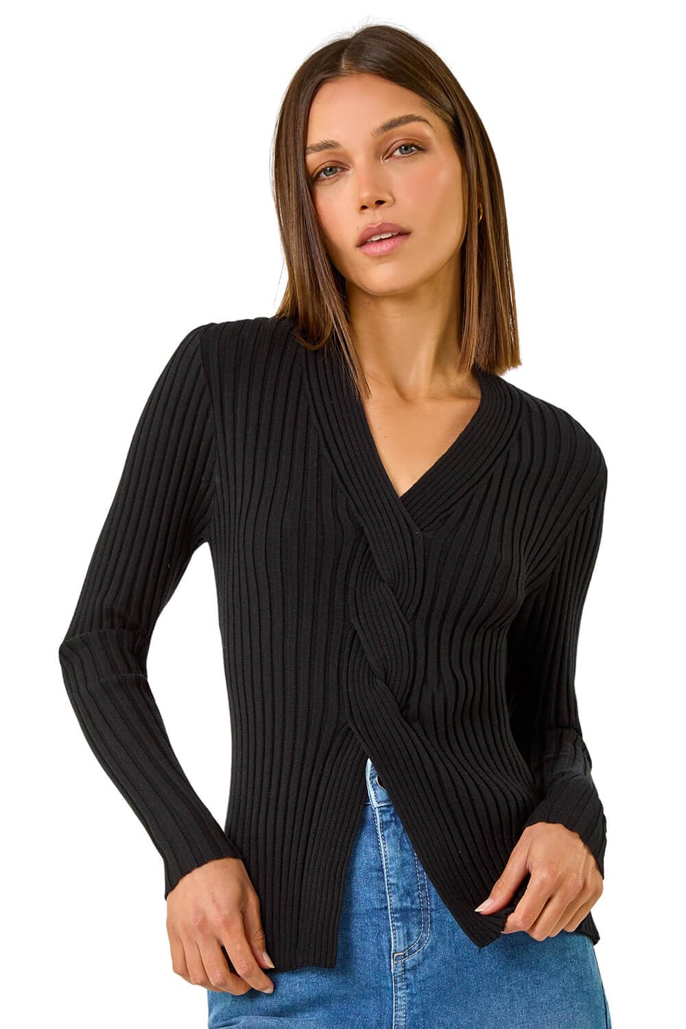 Roman Cable Split Detail Rib Jumper - Black - Size 16