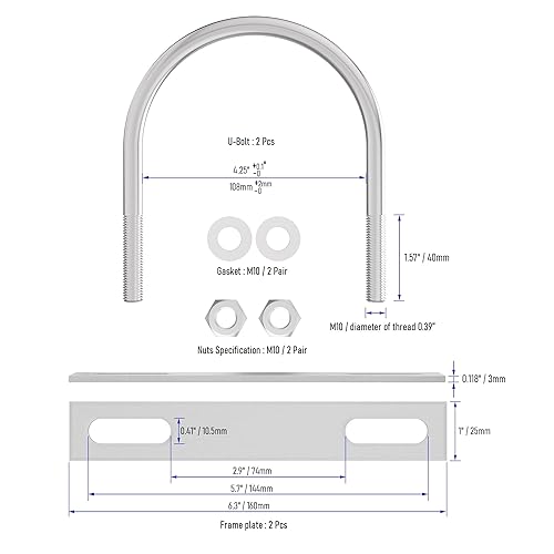 Miniatura 3 de 2 juegos de pernos en U redondos de acero inoxidable 304 de 4.25 pulgadas (4.252 in) de ancho interior 5.59 pulgadas de longitud M10 con tuercas,