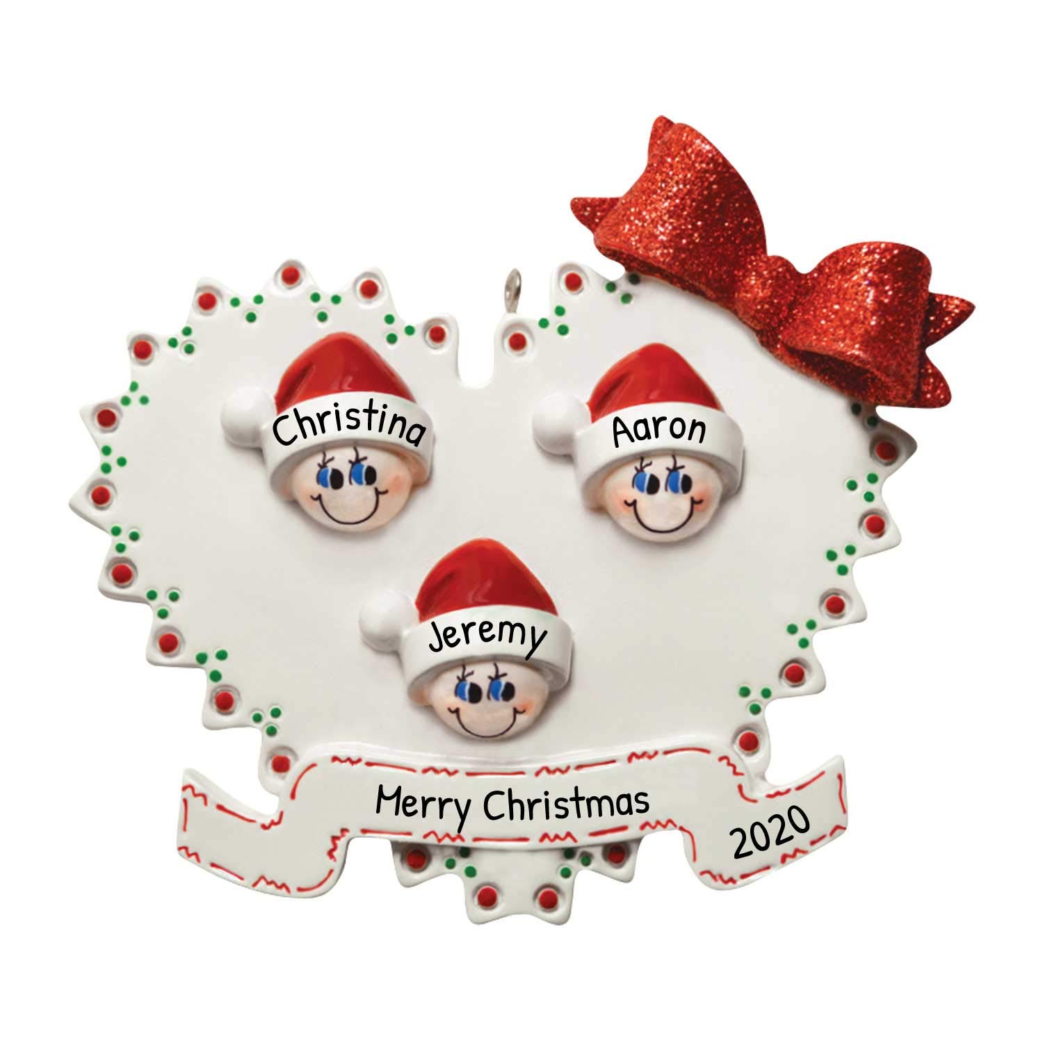 3D Heart Family of 3 Ornament 2025 Personalized Family Christmas Ornaments 2025 | Santa Hat Faces Holiday Keepsake Personalized Tree Ornaments for