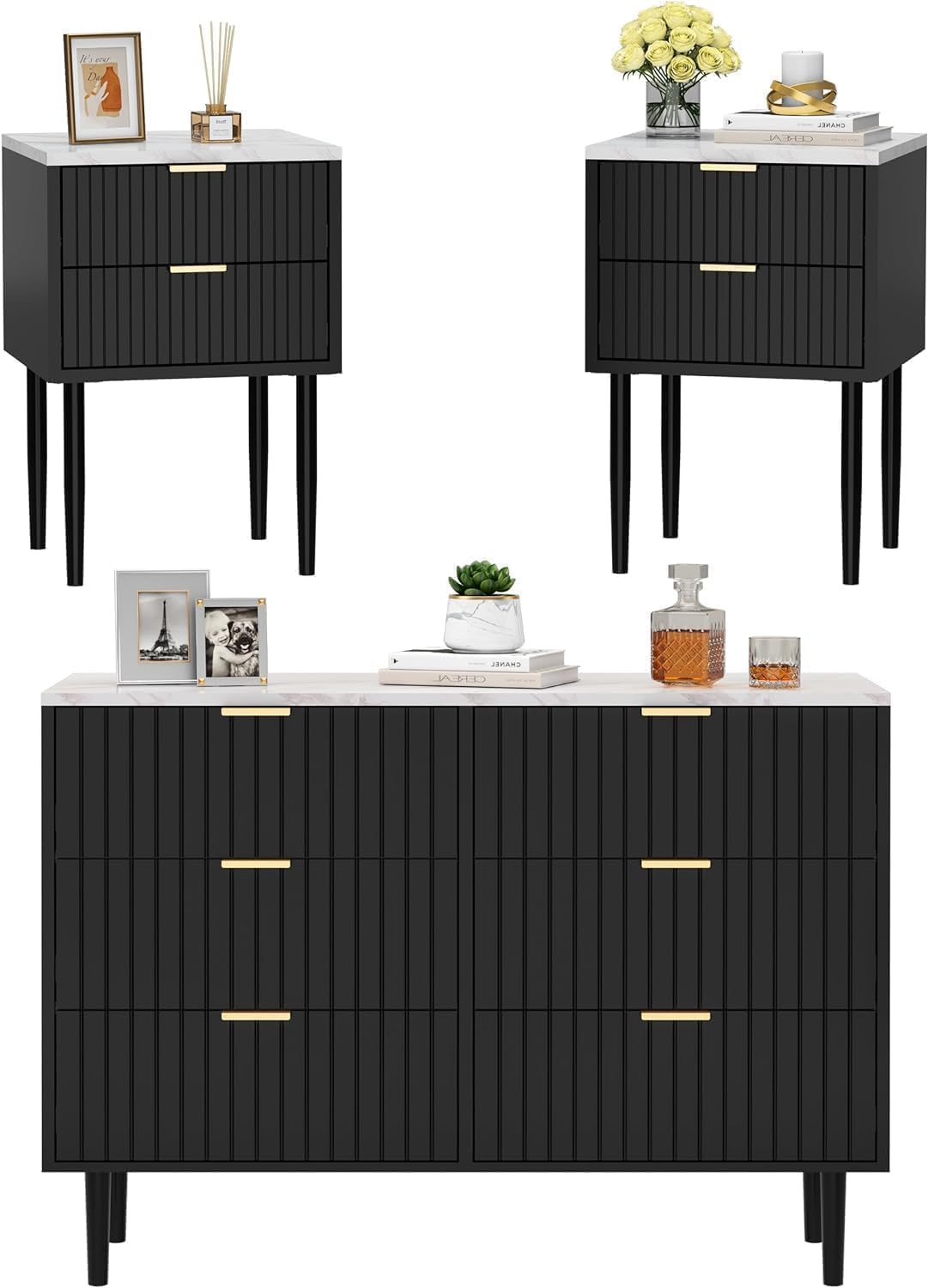 UEV 3er-Set Schlafzimmermöbel, Kommode mit 6 Schubladen und 2er-Set Nachttisch, Schlafzimmermöbel-Set in Marmor Optik, für Wohnzimmer, Schlafzimmer, skandinavisch, Schwarz