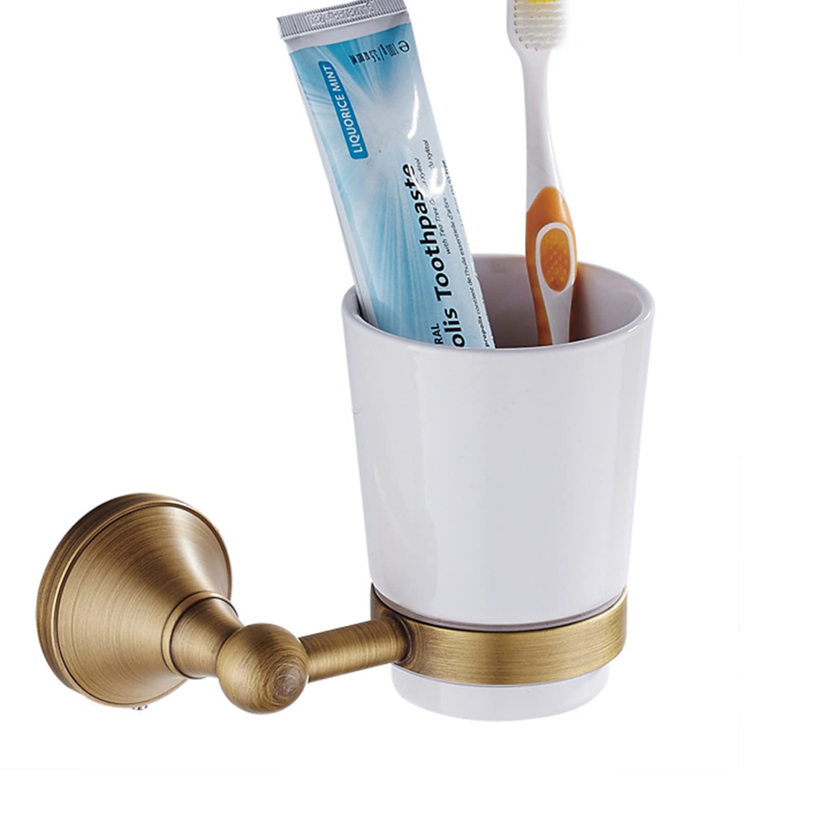 Soporte De Cepillo De Dientes Montado En La Pared, Soporte De Cepillo De Dientes De Latón Antiguo con Taza De Cerámica, Accesorios De Decoración De Accesorios De Baño