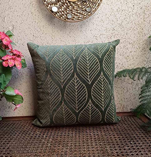 Image of Cotton Velvet with Leaf /Tribal ZARI Embroidered Stitched Zippered Cushion Cover (SAGE /Olive Green) | 16x16 Inches | Set of 2|