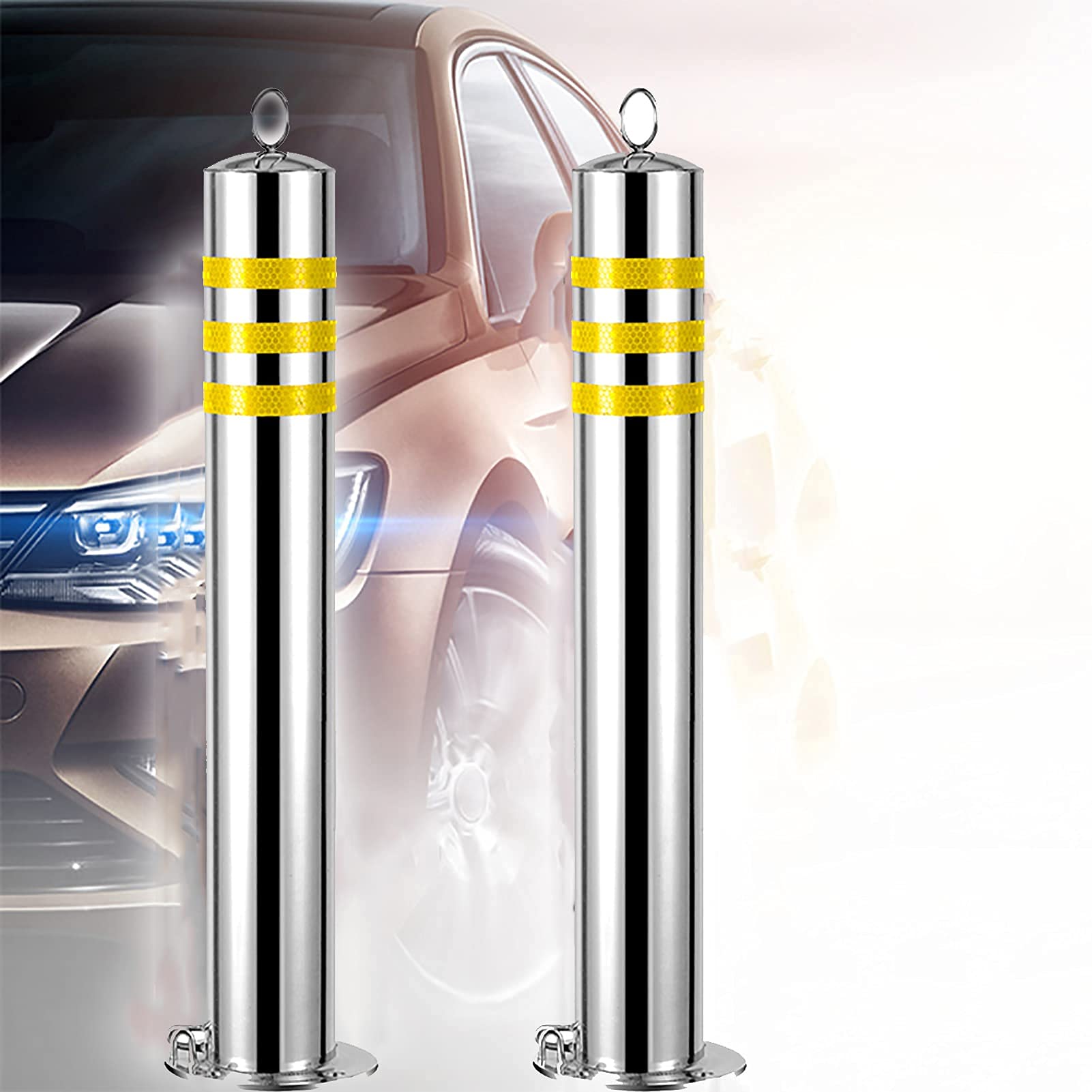 SnamicE 2pcs Parking Bollards,Stainless Steel Parking Barrier are Easy to Install Removable Base Protect Your Parking Space Parking Bar with Lock,Silver-650x76mm/25.5x3in