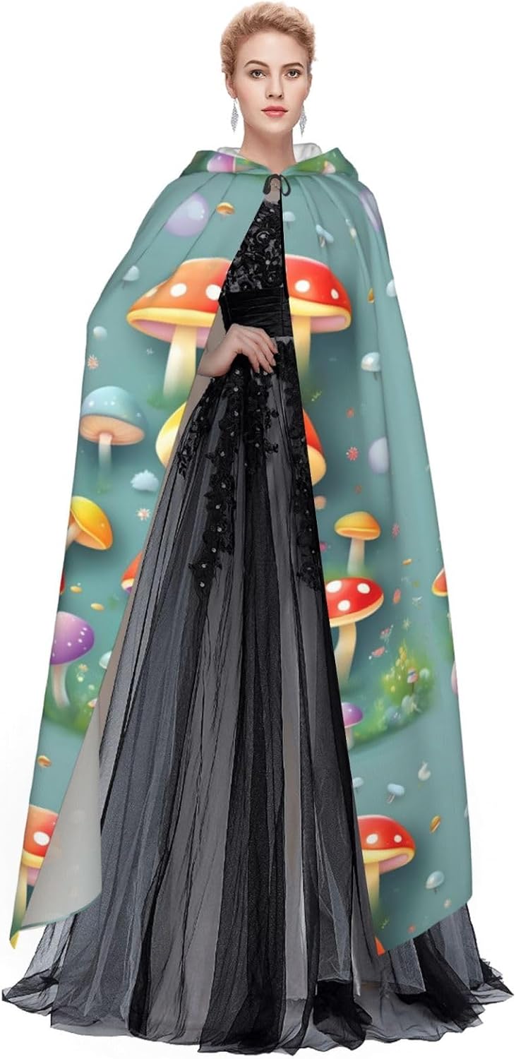 Cute Colored Mushrooms Men Women Halloween Role Play Party Decoration Hooded Poncho Black