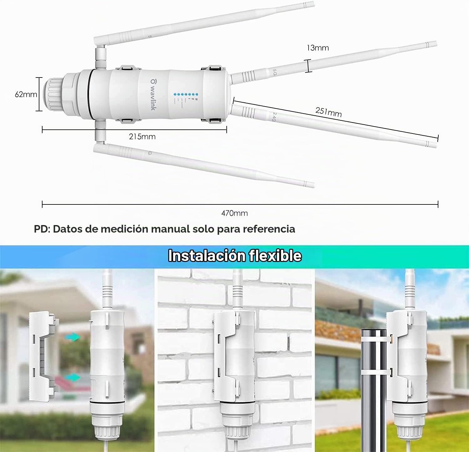Dual-Band 2.4+5G 1200Mbps Outdoor Punto de Acceso/Repetidor WiFi Potente/Inalámbrico Amplificador WiFi/Extender Malla WiFi Exterior (WN572HP3, 1xGigabit PoE LAN-Port, 4 Antenas externas)