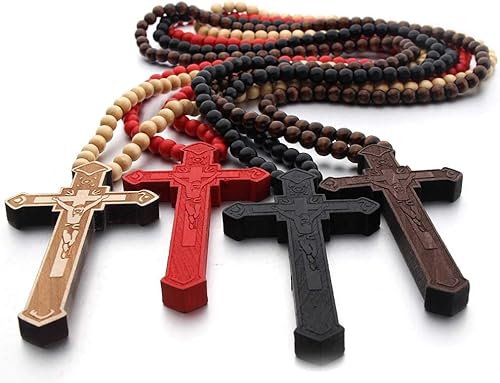 Miniatura 7 de COLORFUL BLING Cadenas de cuentas de madera natural, collares con colgante de cruz para hombres y mujeres, cristiano, religioso, católico, crucifijo