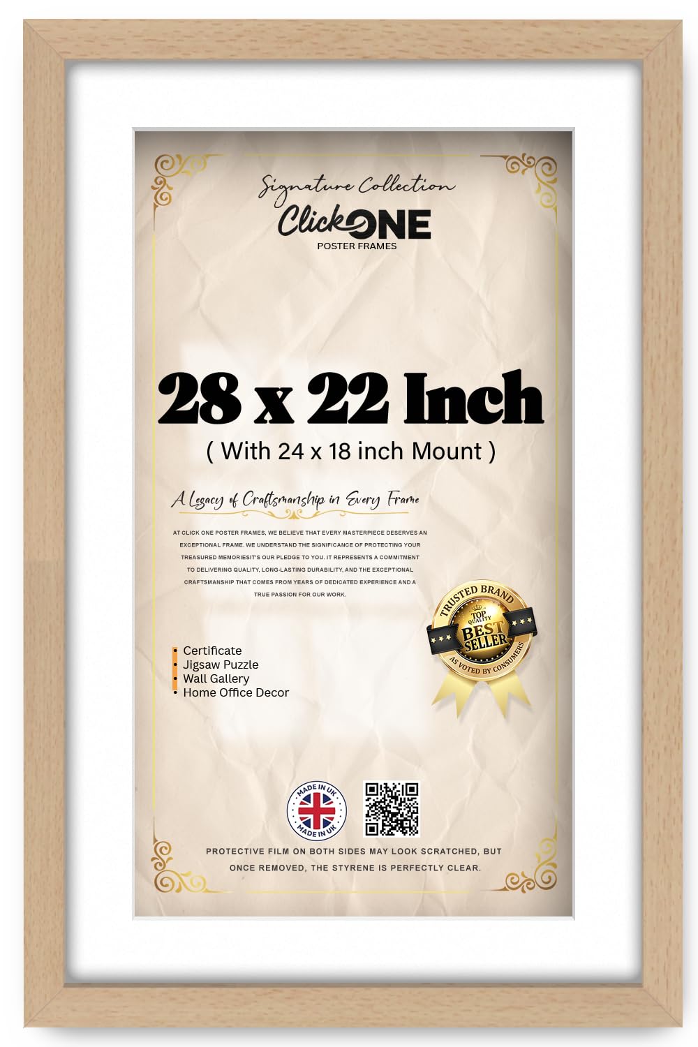 Click One Elegant Engineered Wood Finish 28 X 22 Inch Poster Frame With 60.96 X 45.72 Cm White Mount Modern Style 71.12 X 55.88 Cm Contemporary Framing For Prints Posters And Gallery Home Beech