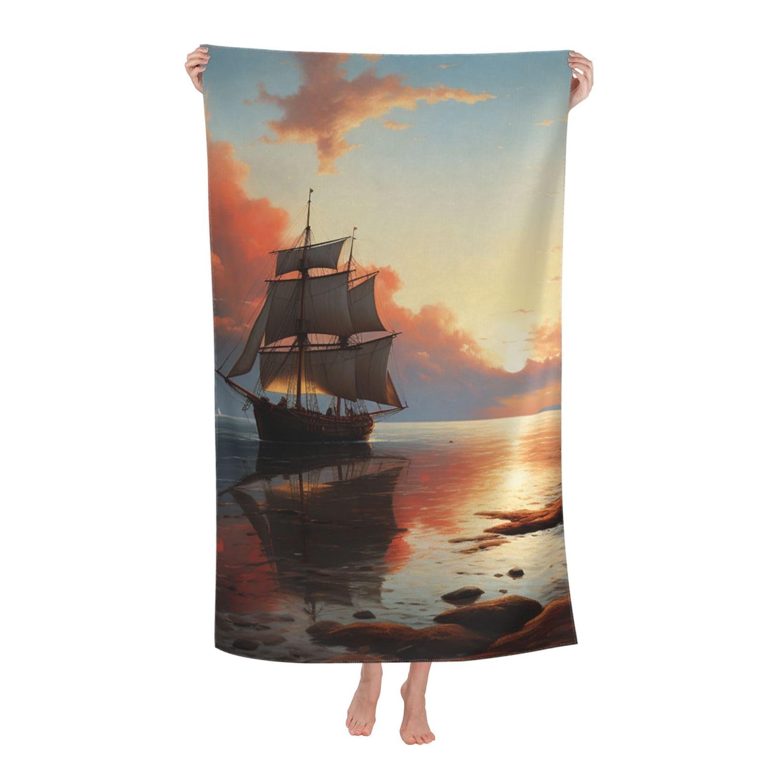 HLBSDM Sailboat Landscape Beach Towel 52 x 32 in Vacation Essentials Quick Dry Sand Free Pool Swim Towel Super Absorbent Bath Towels Oversized Gym Towels Travel Blanket Gift
