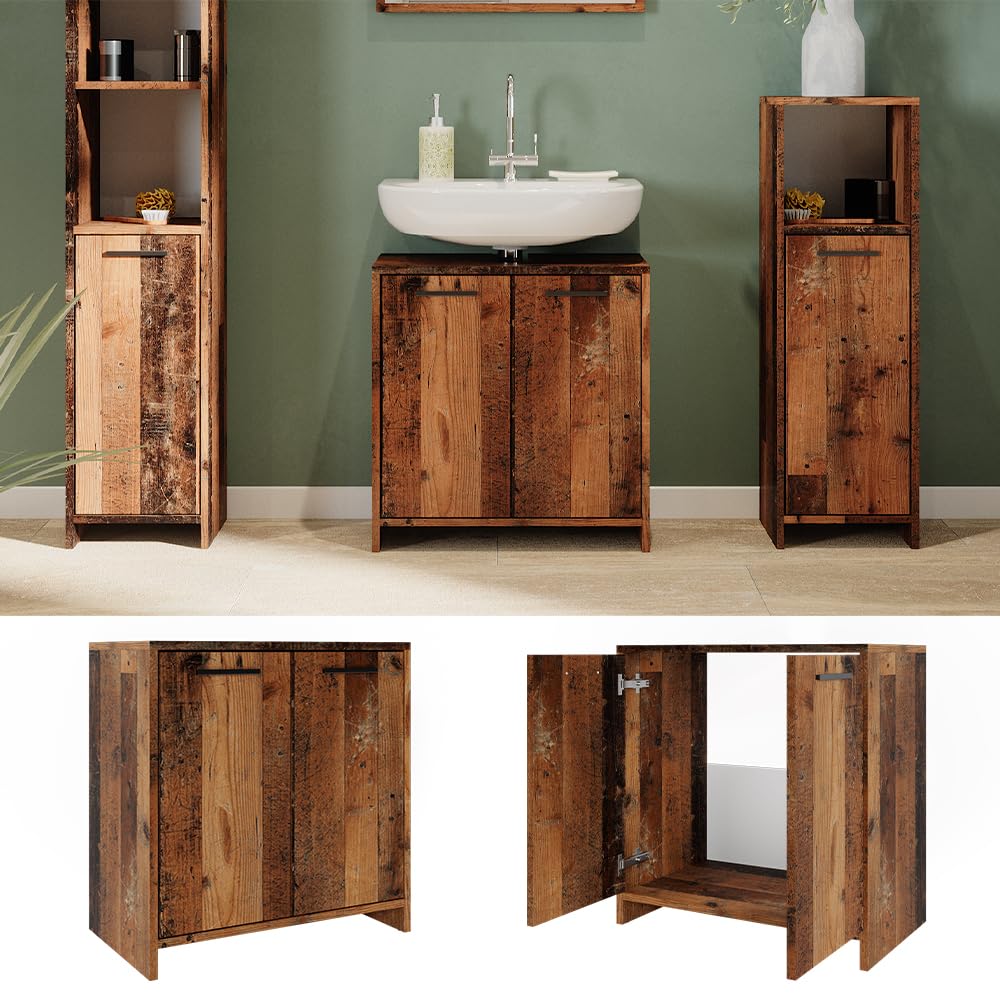 Vicco Mobile sottolavabo per bagno Kiko, Rovere rustico, 58 x 60 cm, con ritaglio per sifone e spazio di stoccaggio per l’organizzazione del bagno