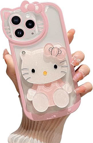 FSUNRRUII Funda para iPhone 15 Pro Kawaii Pink Cute Cartoon Phone Case con espejo, elegante y bonita funda para iPhone 15 Pro de 6.1 pulgadas, color
