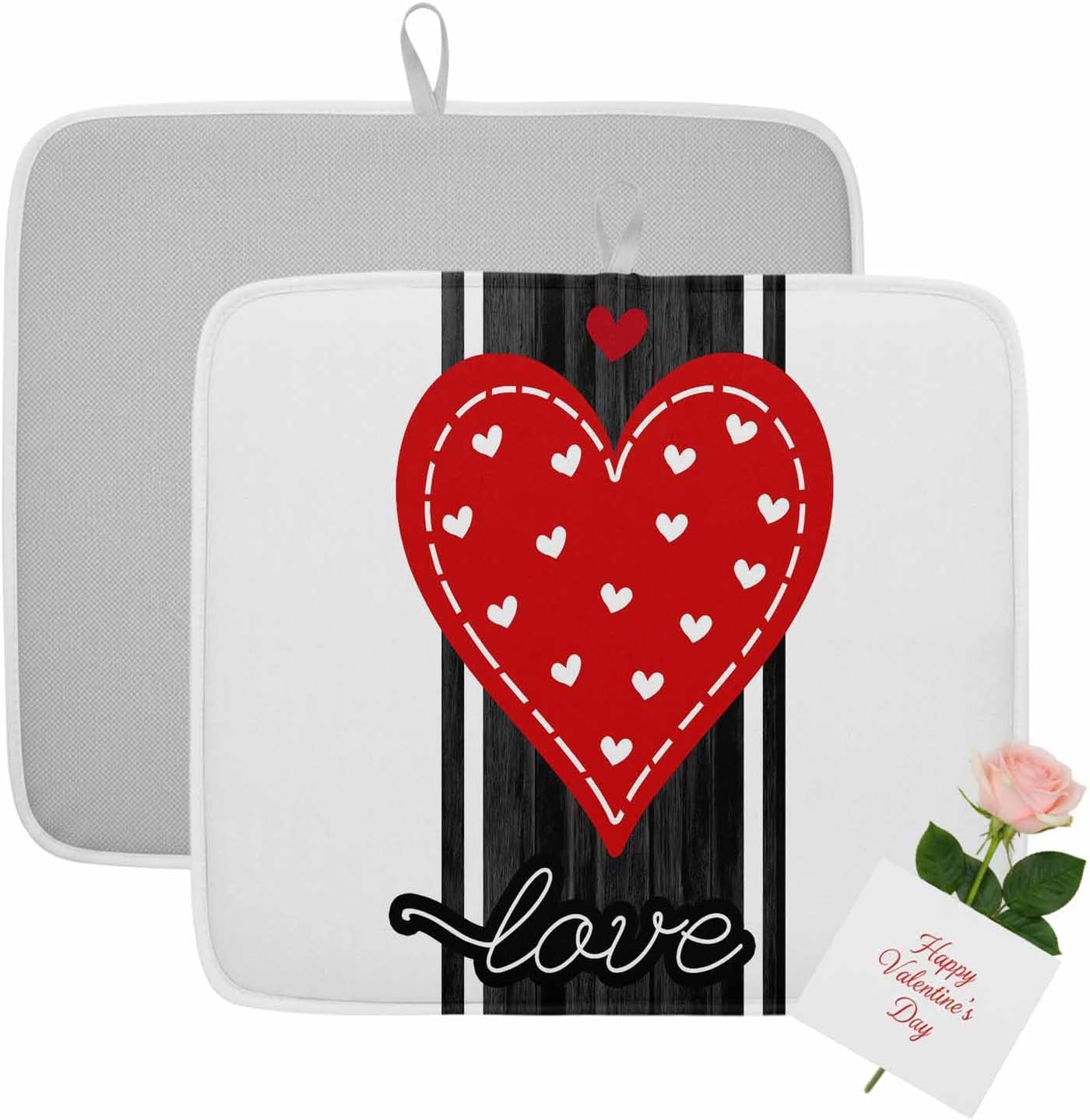 Valentine's Day Dish Drying Mat 2 Pack, Red Love Heart Black Striped Decoration Absorbent Heat Insulating Kitchen Drying Pad Drainer Mats for Sink Counter Pot Dishes 18 X 24 Inch