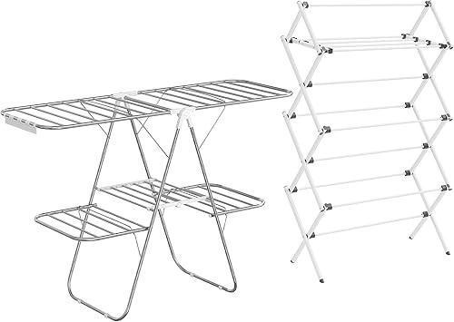 Miniatura 1 de SONGMICS 2-Level Clothes Drying Rack and Steel Frame Clothes Drying Rack Bundle, Foldable 2-Level Laundry Drying Rack, Steel Frame Laundry Drying