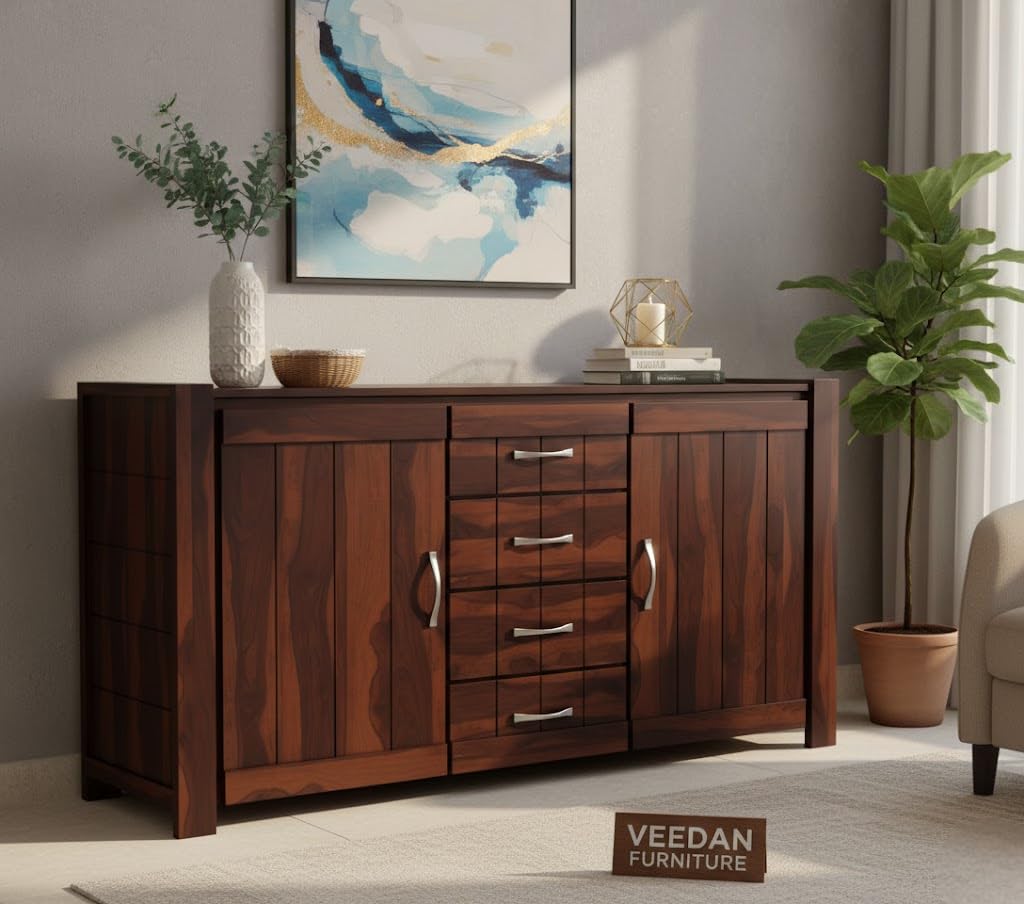 Solid Sheesham Wood Sideboard Cabinet with 4 Drawer & 4 Shelves - Chest of Drawers Wooden Drawer Storage Cabinet for Bedroom Living Room Storage (Design 16)-image-41