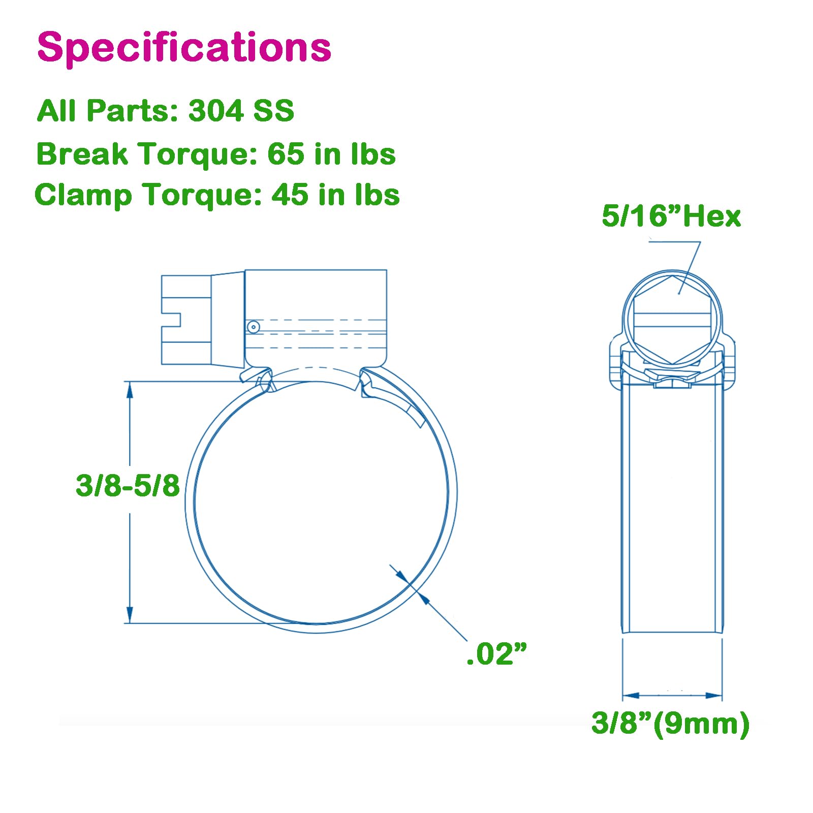 Morsetto per tubo flessibile ad alta pressione resistente da 3/8", misura #4, 3/8-5/8", regolabile, mini fascette stringitubo in acciaio inox, per iniezione di carburante, gas/automotive,