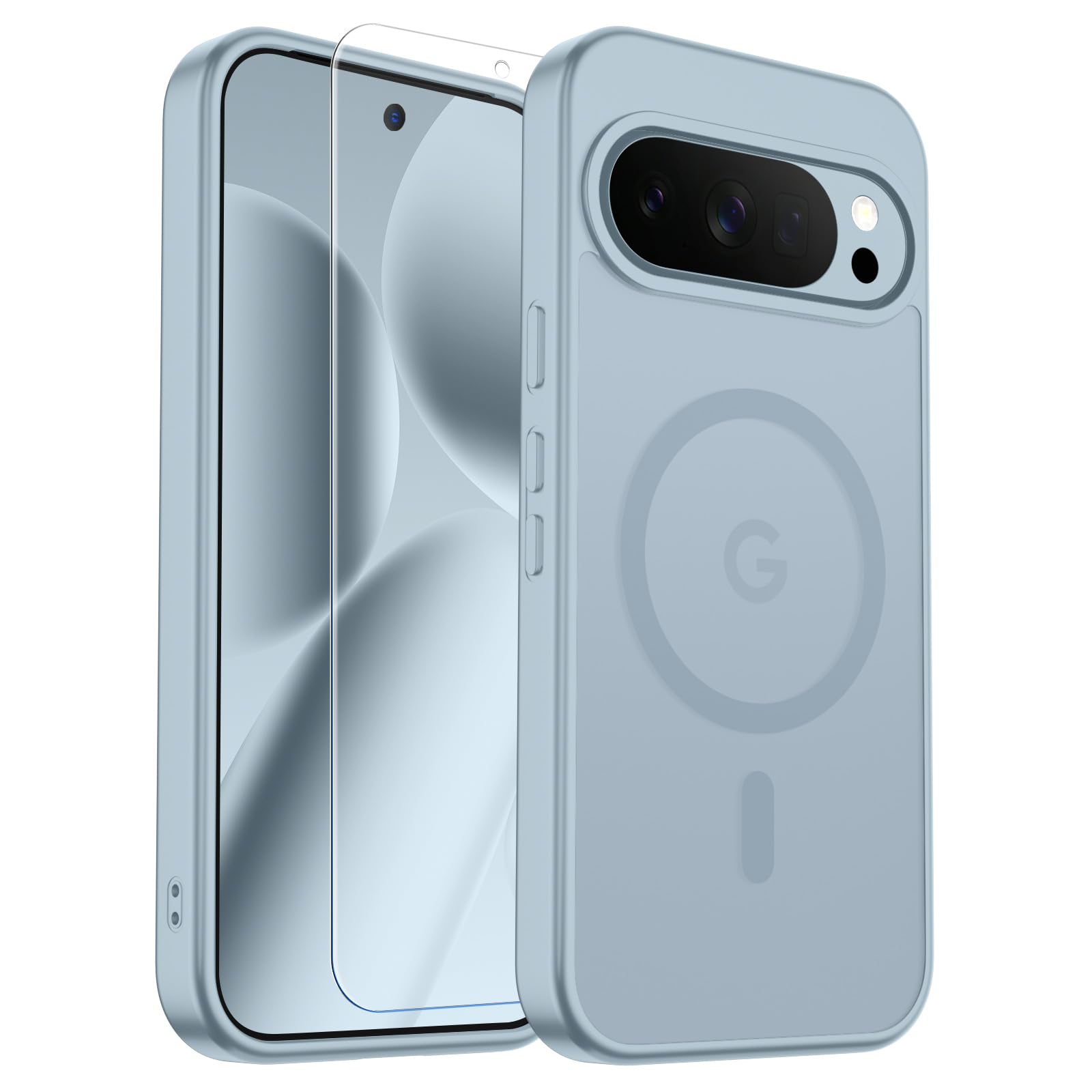 SUPFINE Magnetic for Google Pixel 10 Pro XL Case with Screen Protector, (Built-in Magnets) ((Military Grade Drop Protection) Slim Translucent Shockproof Phone Case,Sliver Blue