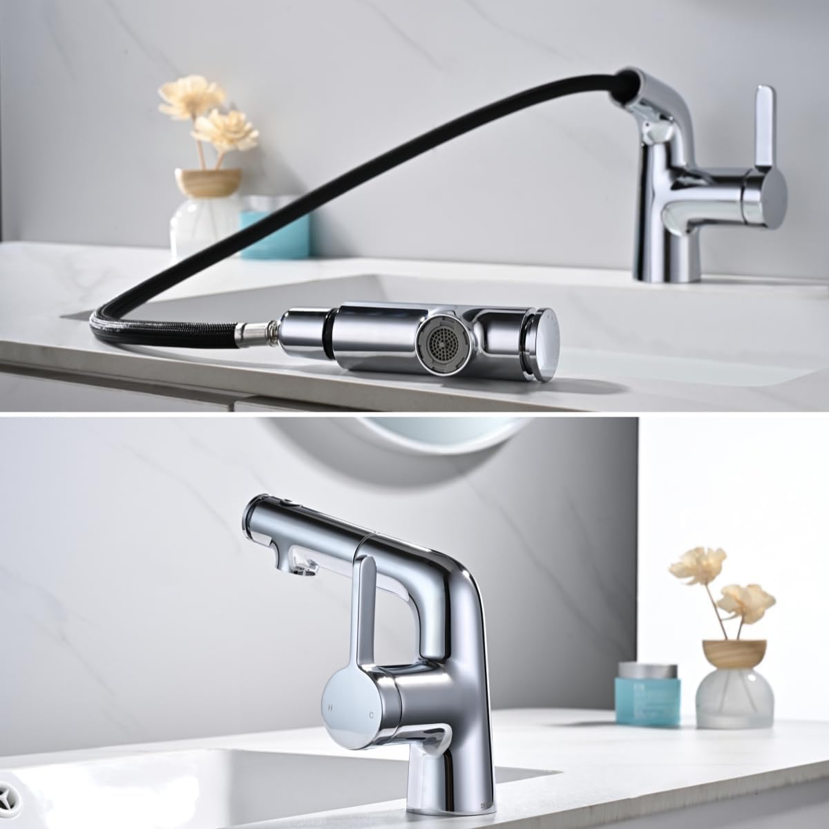 Rubinetto Bagno Lavabo con Doccetta Estraibile, Miscelatore Lavabo Bagno, Rubinetti Monocomando con 3 Modalità, Aeratore Rimovibile, Senza Piombo, Acqua Calda e Fredda, Moderno Cromato