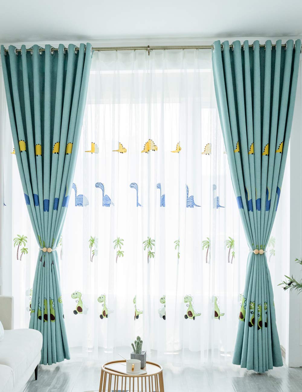 Lactraum Gardine Kinderzimmer Babyzimmer Bestickt Dinosaurier Kokosnussbaum Voile mit Kräuselband 300 x 245 cm (BxH)