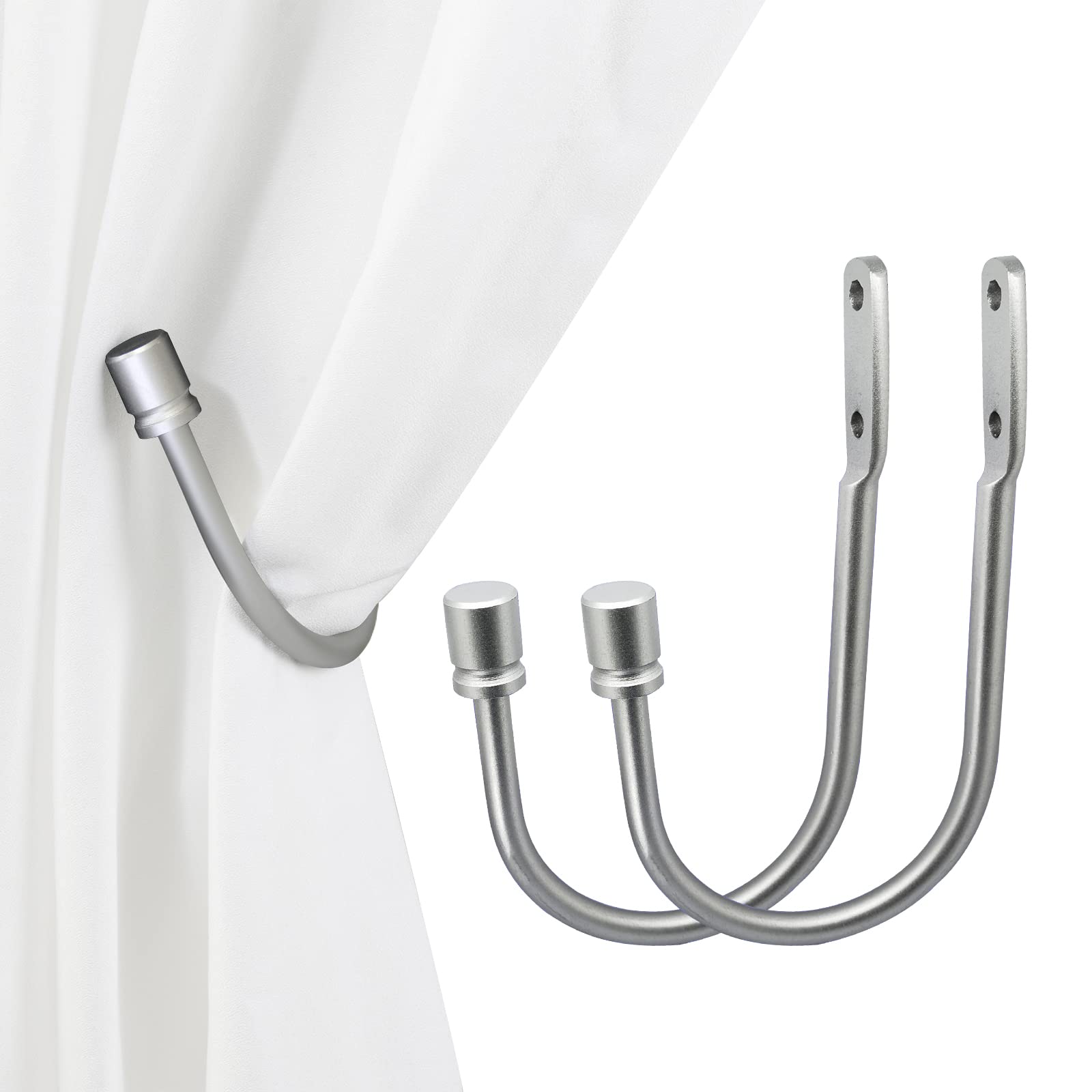 Arnorx 2 PCS Curtain Holdbacks, Metal Decorative Curtain Tiebacks with End Cap Finials, Wall Mounted Window Drapery Holdback Hooks for Living Room, Bedroom and More, Silver