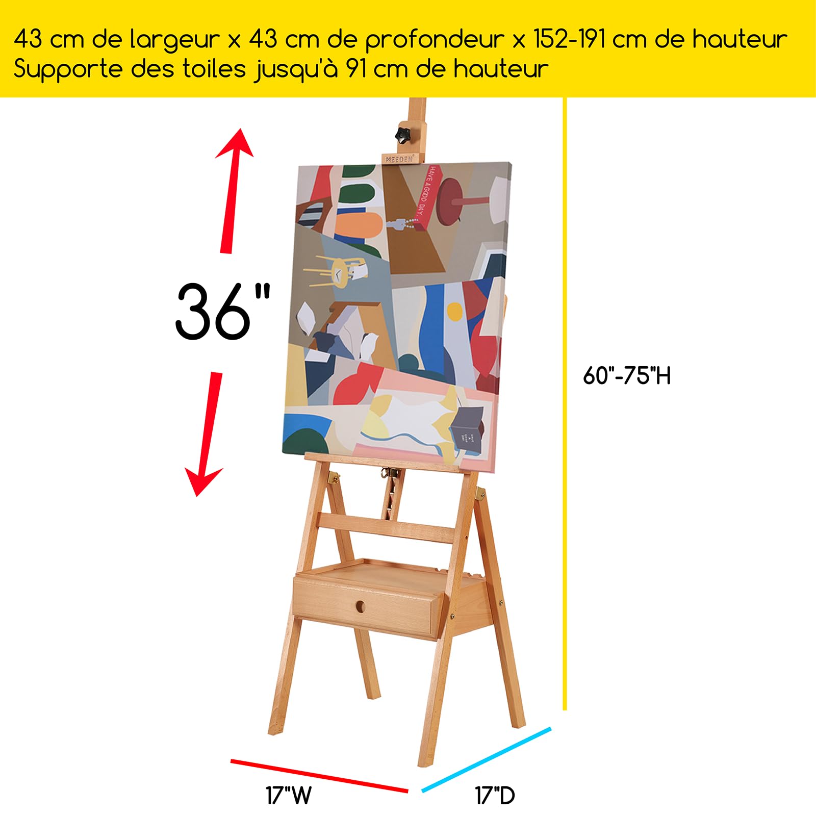 MEEDEN Chevalet de Peinture en Bois avec Tiroir de Rangement : Chevalet de Studio en H Réglable en Hêtre, Grand Support de Peinture Pliable – Adapté aux Toiles jusqu'à 91 cm, Bois naturel