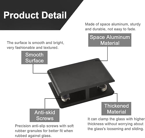Miniatura 3 de Abrazadera de cristal, paquete de 4 soportes ajustables de aleación de aluminio de doble cara para estante de vidrio, soporte de abrazadera de clip