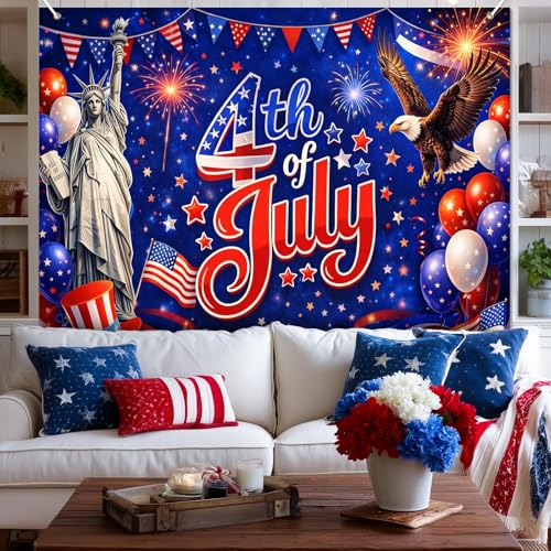 Image of BlissYard 4th of July Backdrop Independence Day Patriotic Decorations Statue of Liberty Bald Eagle Fireworks Party Banner 8x6ft Fourth of July Party Decor USA Patriotic Holiday Decoration